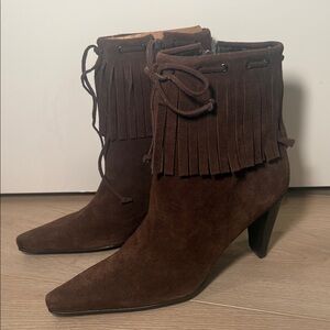 Nine West Dark Brown Suede Fringe Heeled Boots